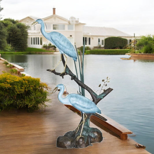 Two Large Cranes Fountain Bronze Statue -  Size: 36"L x 21"W x 64"H.