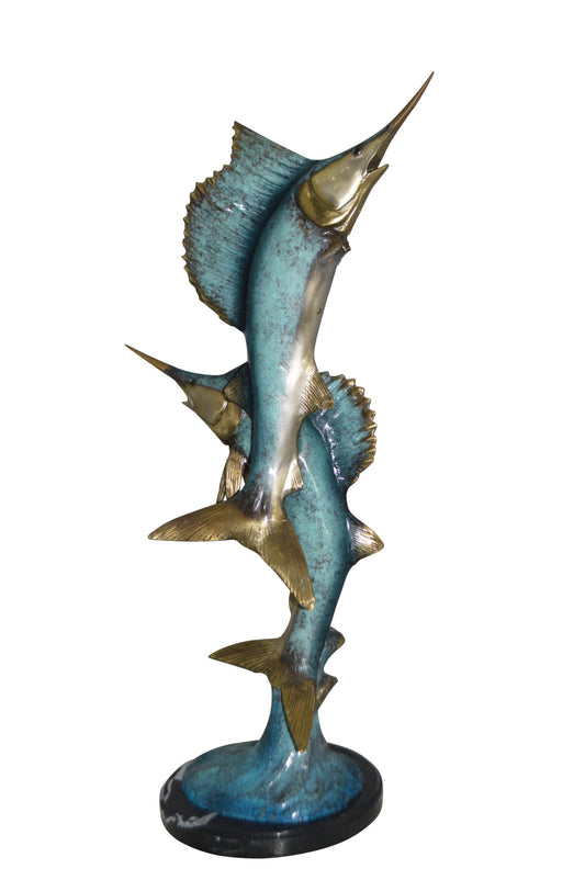 Two Sailfish jumping of water bronze statue -  Size: 13"L x 6"W x 28"H.