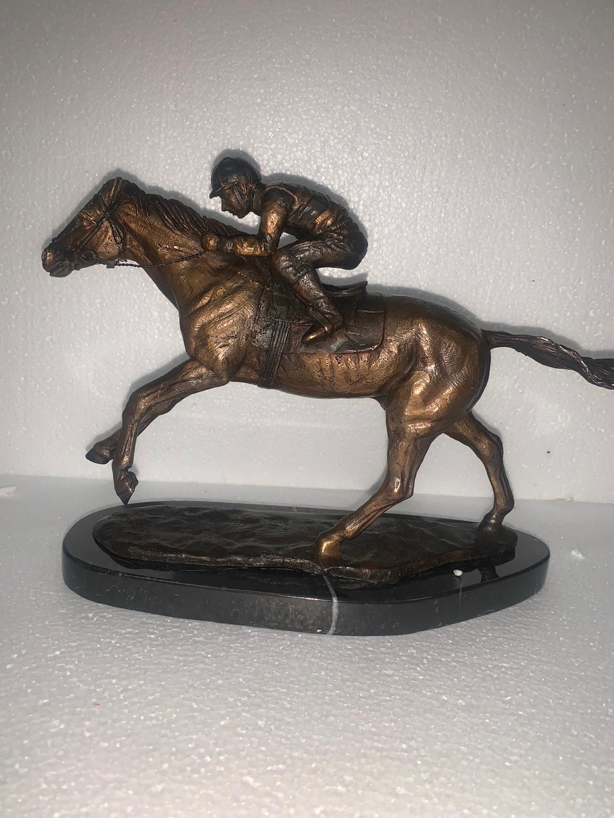 Jockey on horse two tones Bronze Statue -  Size: 11"L x 4"W x 8"H.