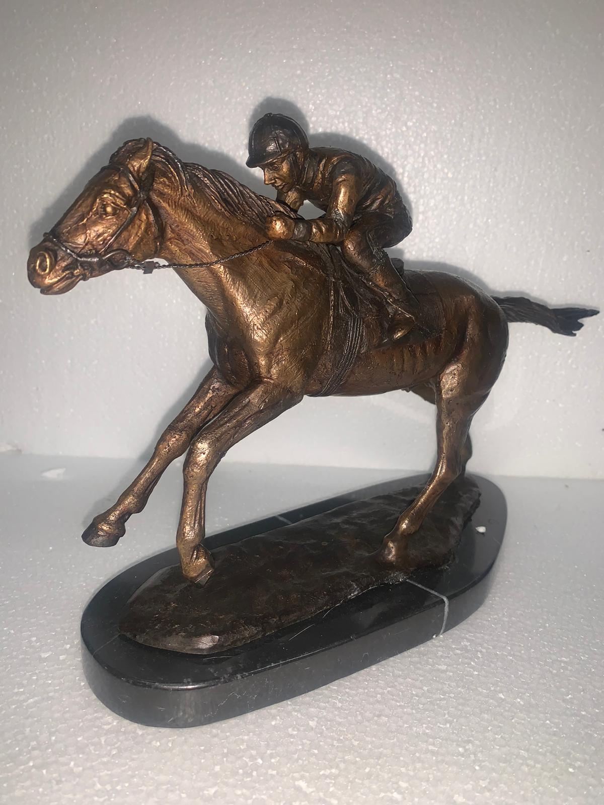 Jockey on horse two tones Bronze Statue -  Size: 11"L x 4"W x 8"H.