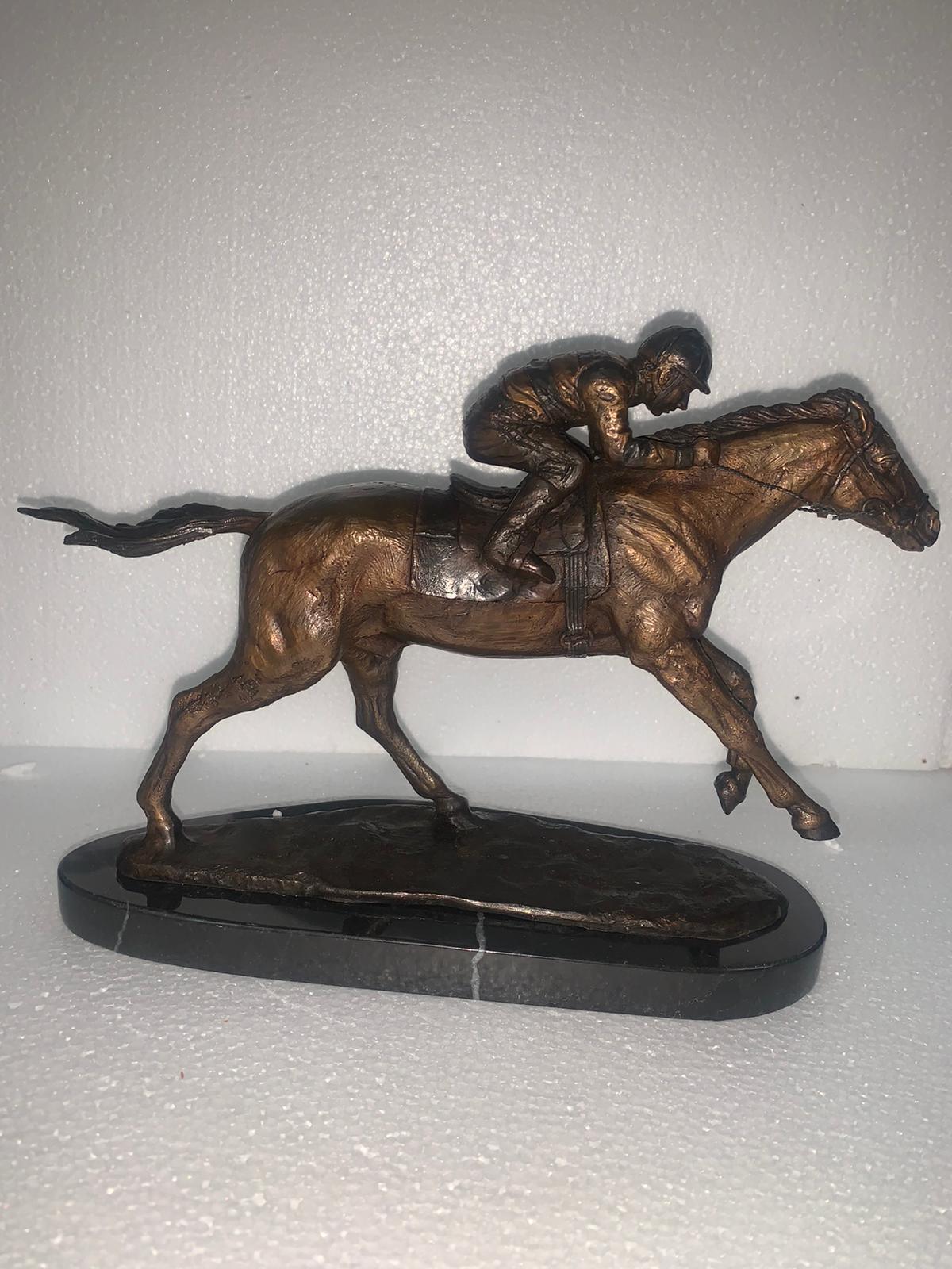 Jockey on horse two tones Bronze Statue -  Size: 11"L x 4"W x 8"H.