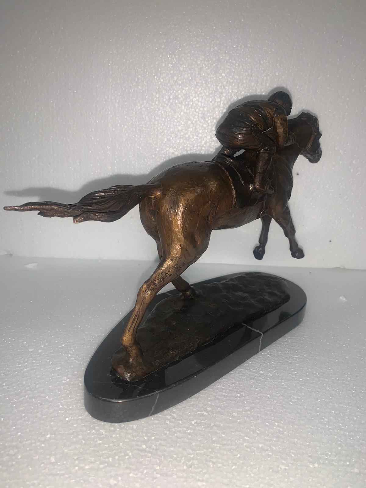 Jockey on horse two tones Bronze Statue -  Size: 11"L x 4"W x 8"H.