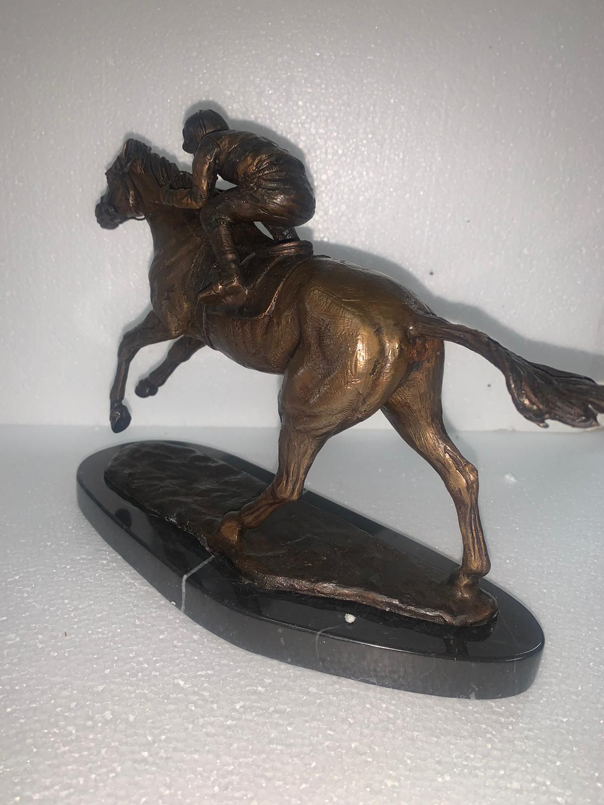 Jockey on horse two tones Bronze Statue -  Size: 11"L x 4"W x 8"H.