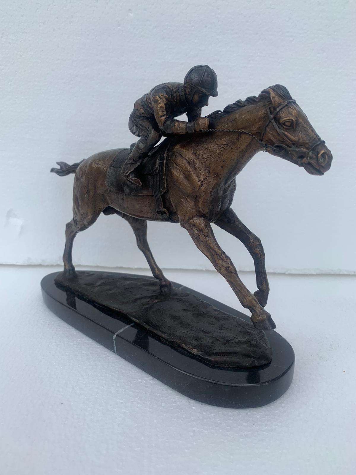 Jockey on horse two tones Bronze Statue -  Size: 11"L x 4"W x 8"H.