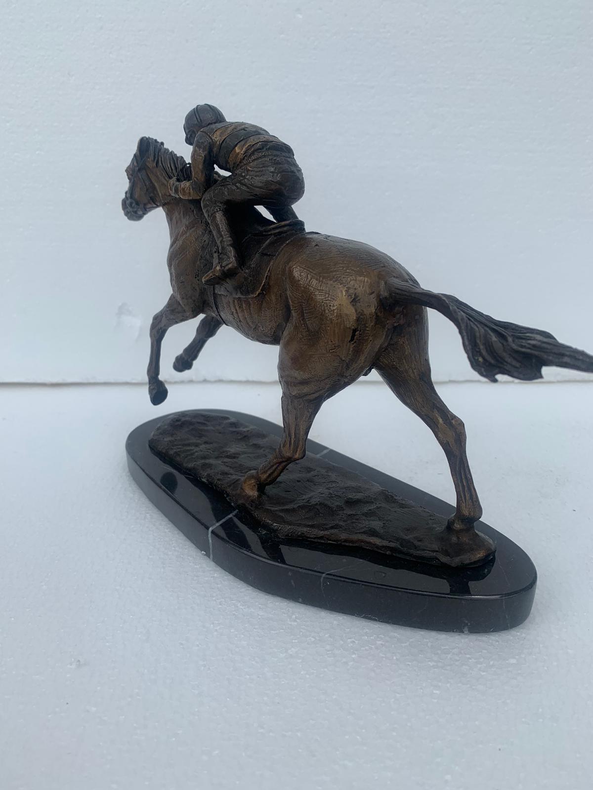 Jockey on horse two tones Bronze Statue -  Size: 11"L x 4"W x 8"H.