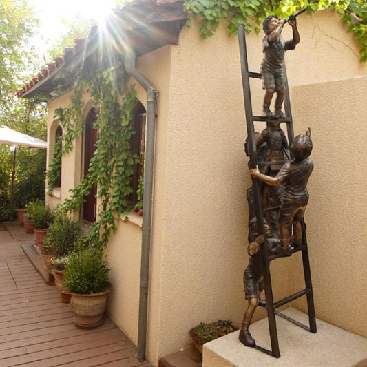 Three Children Playing on Ladder Bronze Statue -  Size: 24"L x 27"W x 96"H.