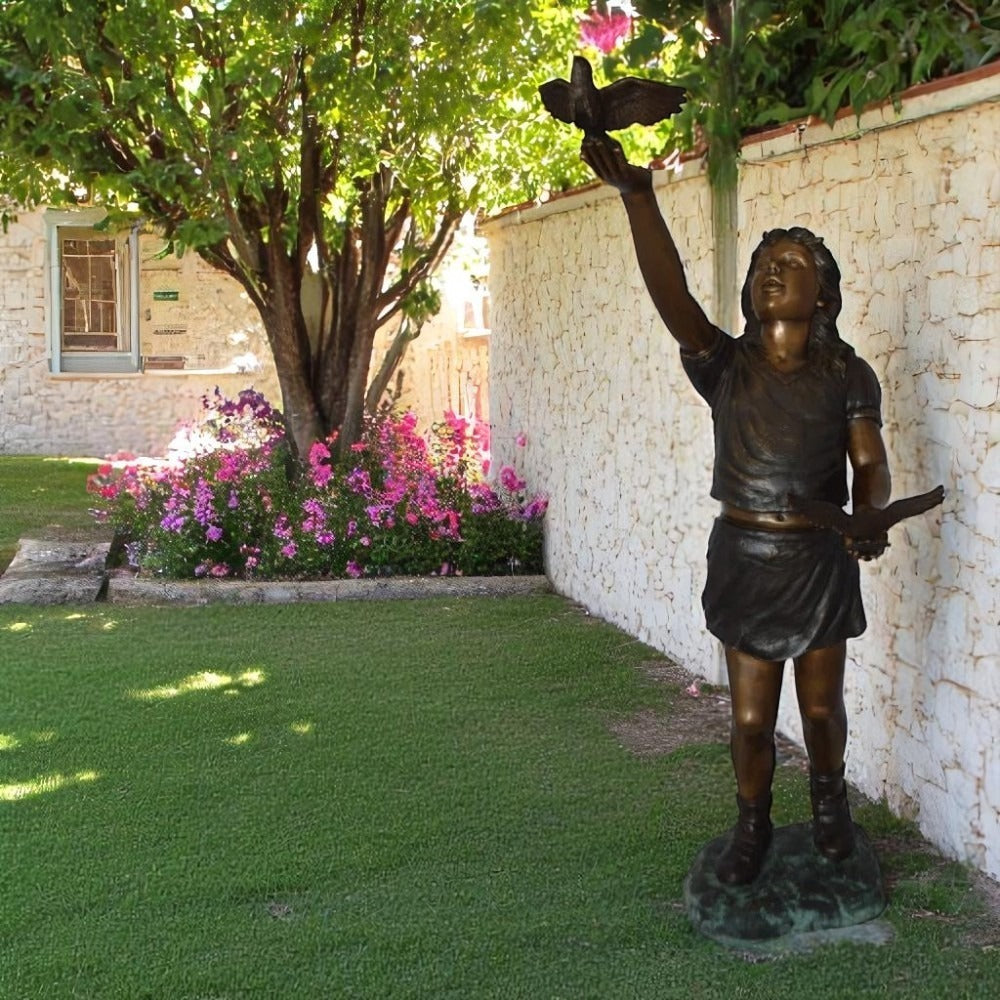 Girl - sandy, with two birds Bronze Statue - Size: 25"L x 20"W x 42"H.