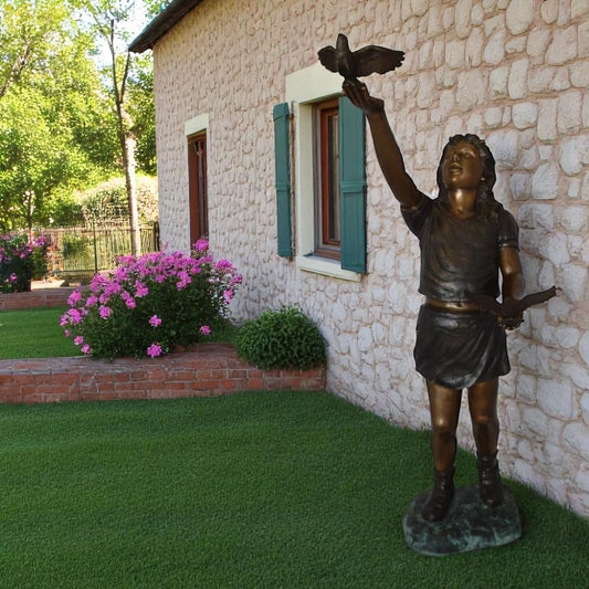Girl - sandy, with two birds Bronze Statue -  Size: 25"L x 20"W x 42"H.