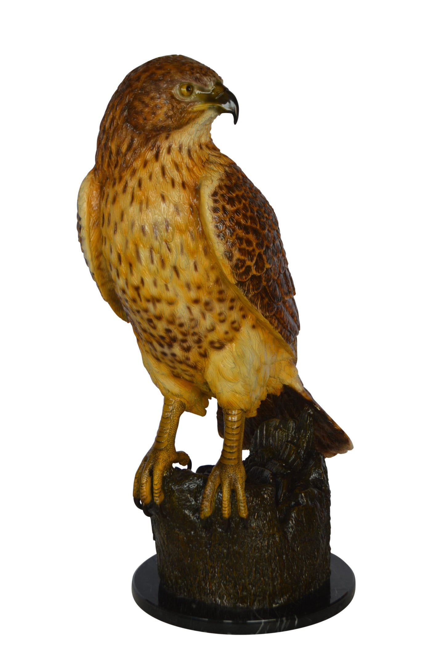 Hawk Bronze Statue standing on Stump on Marble - Size: 12"L x 15"W x 29"H.