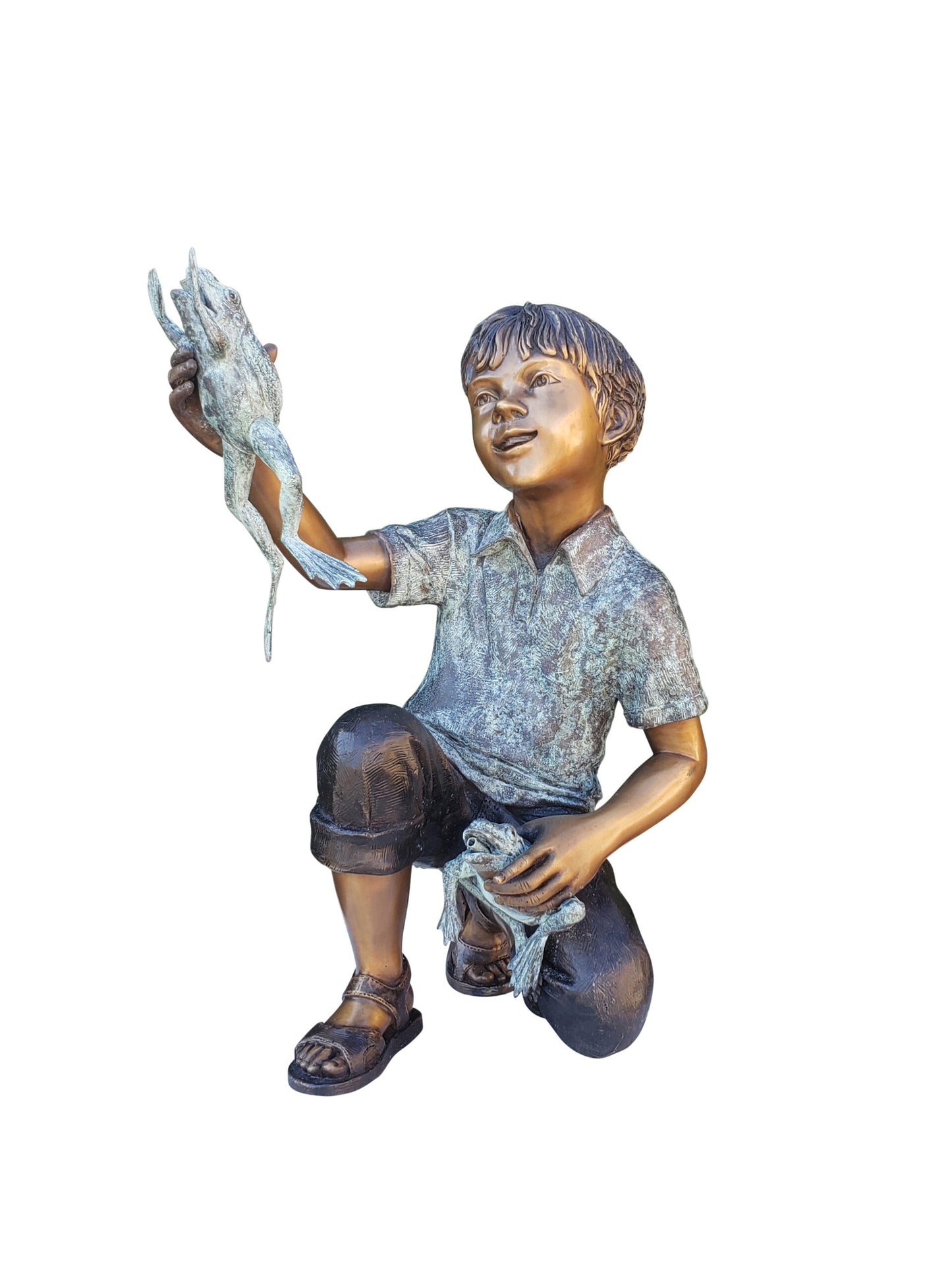 A Little Boy Playing with Two Frogs Bronze Statue Fountain  18" x 16" x 25"H