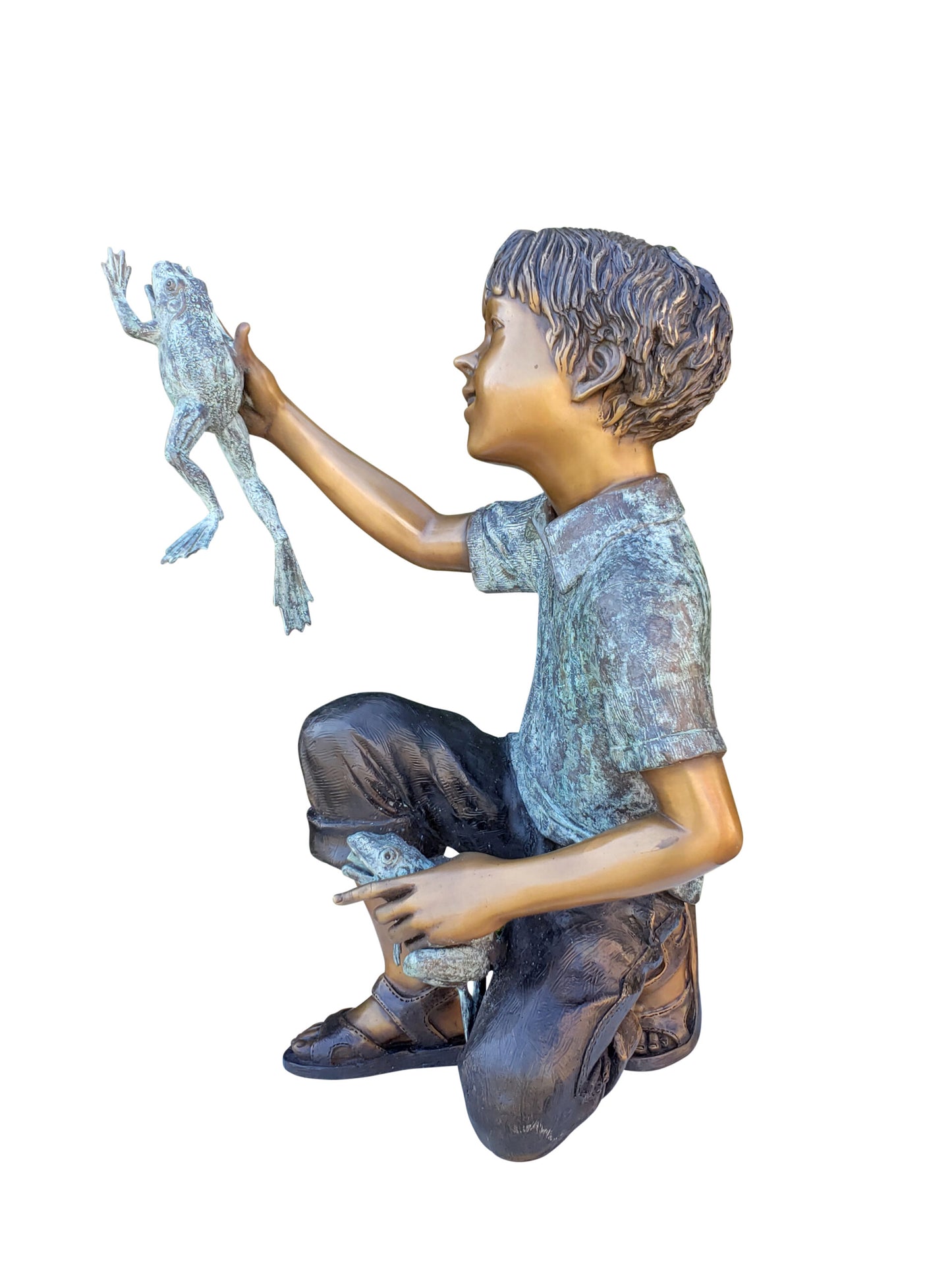 A Little Boy Playing with Two Frogs Bronze Statue Fountain  18" x 16" x 25"H