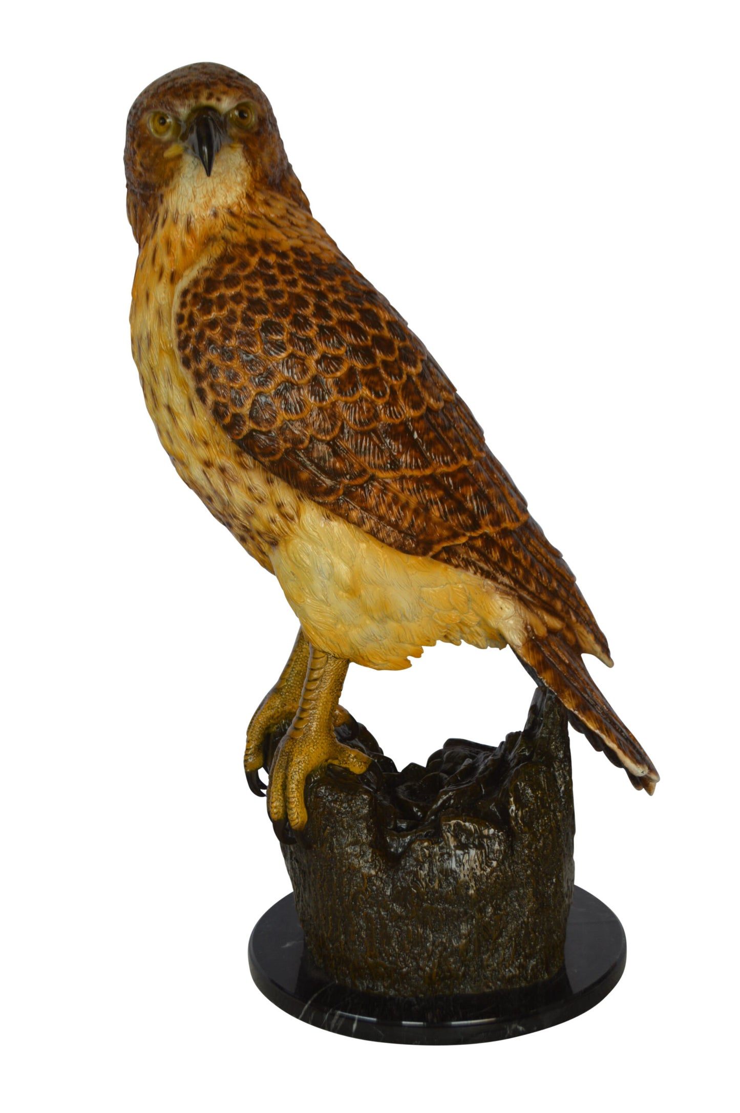 Hawk Bronze Statue standing on Stump on Marble - Size: 12"L x 15"W x 29"H.