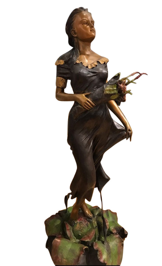 Woman Holding Bouquet Standing on Lily Bronze Statue/Fountain 28" x27"x 60"H.