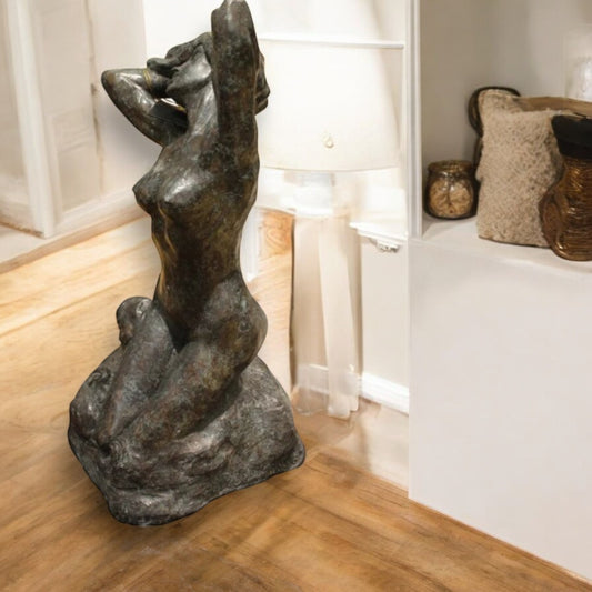 Woman Posing Naked Rodin Bronze Statue replica Art Nude 14"L x 13"W x 27"H.