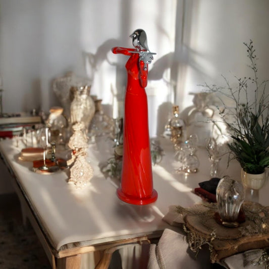 Women Playing the Violin Red and Chrome Resin Statue - Size: 5"L x 4"W x 12"H.