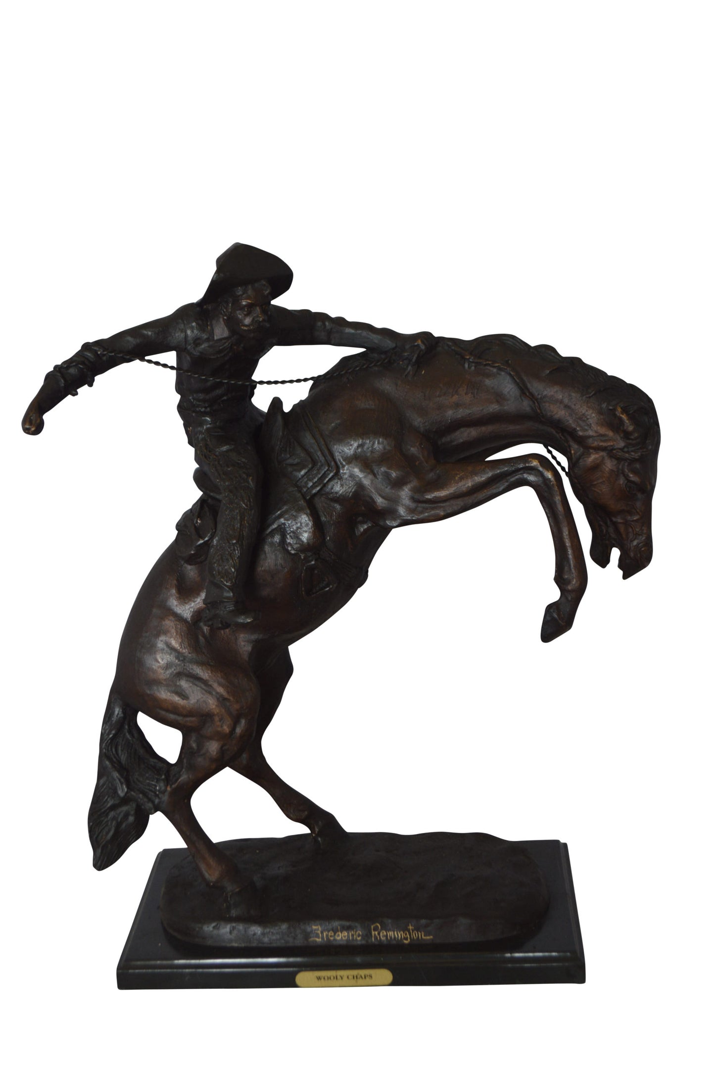 Wooly Chaps Bronze Statue by Remington - Size: 19"L x 11"W x 23"H.