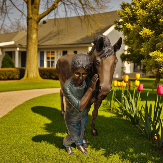Young Girl and her pony Bronze Statue -  Size: 48"L x 20"W x 48"H.