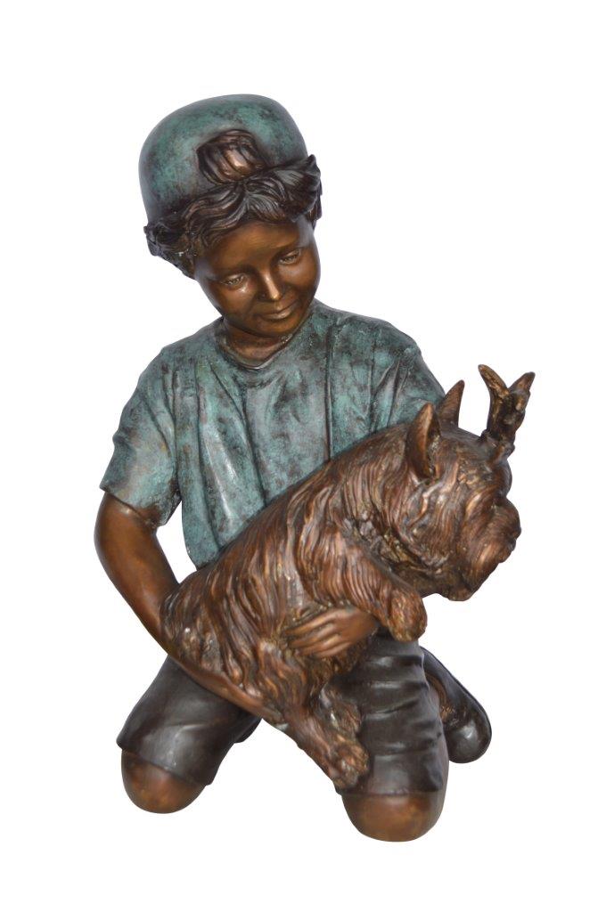 Young Child Playing With His Dog Bronze Statue - Size: 18"L x 17"W x 26"H.