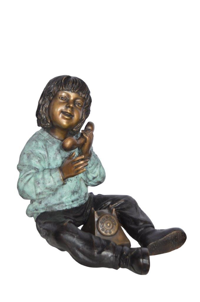 Young Child With an Old Telephone Bronze Statue - Size: 21"L x 14"W x 19"H.