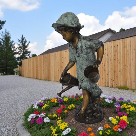 Young girl gardening bronze fountain statue -  Size: 12"L x 14"W x 28"H.