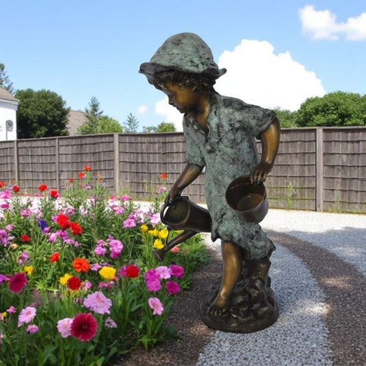 Young girl gardening bronze fountain statue - Size: 12"L x 14"W x 28"H.