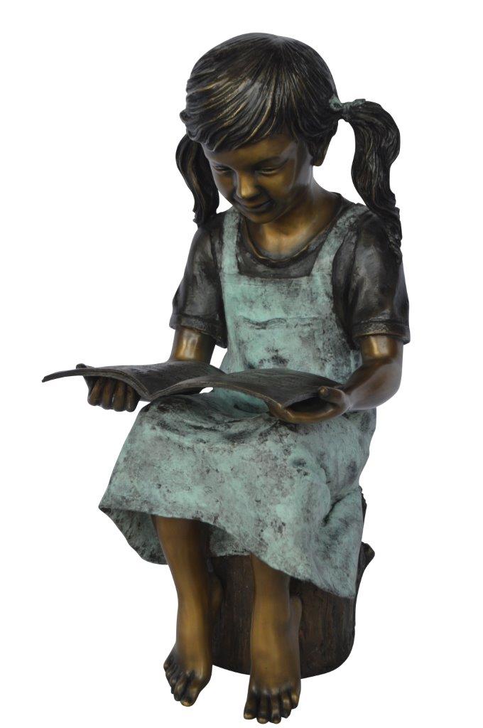 Young girl sitting and reading book bronze statue -  Size: 16"L x 12"W x 27"H.