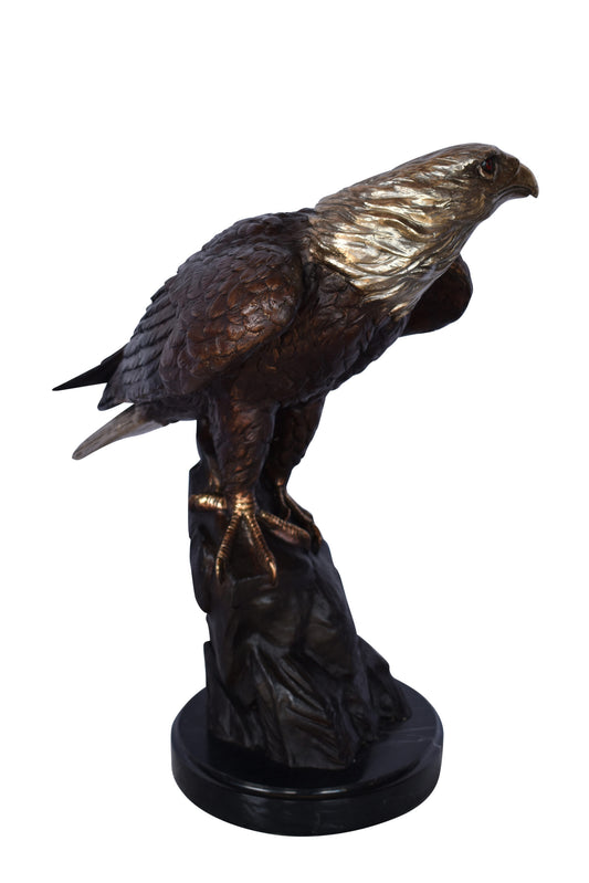 Eagle on Rock Bronze Statue Mounted on Marble Base - Size: 10"L x 22"W x 21"H.