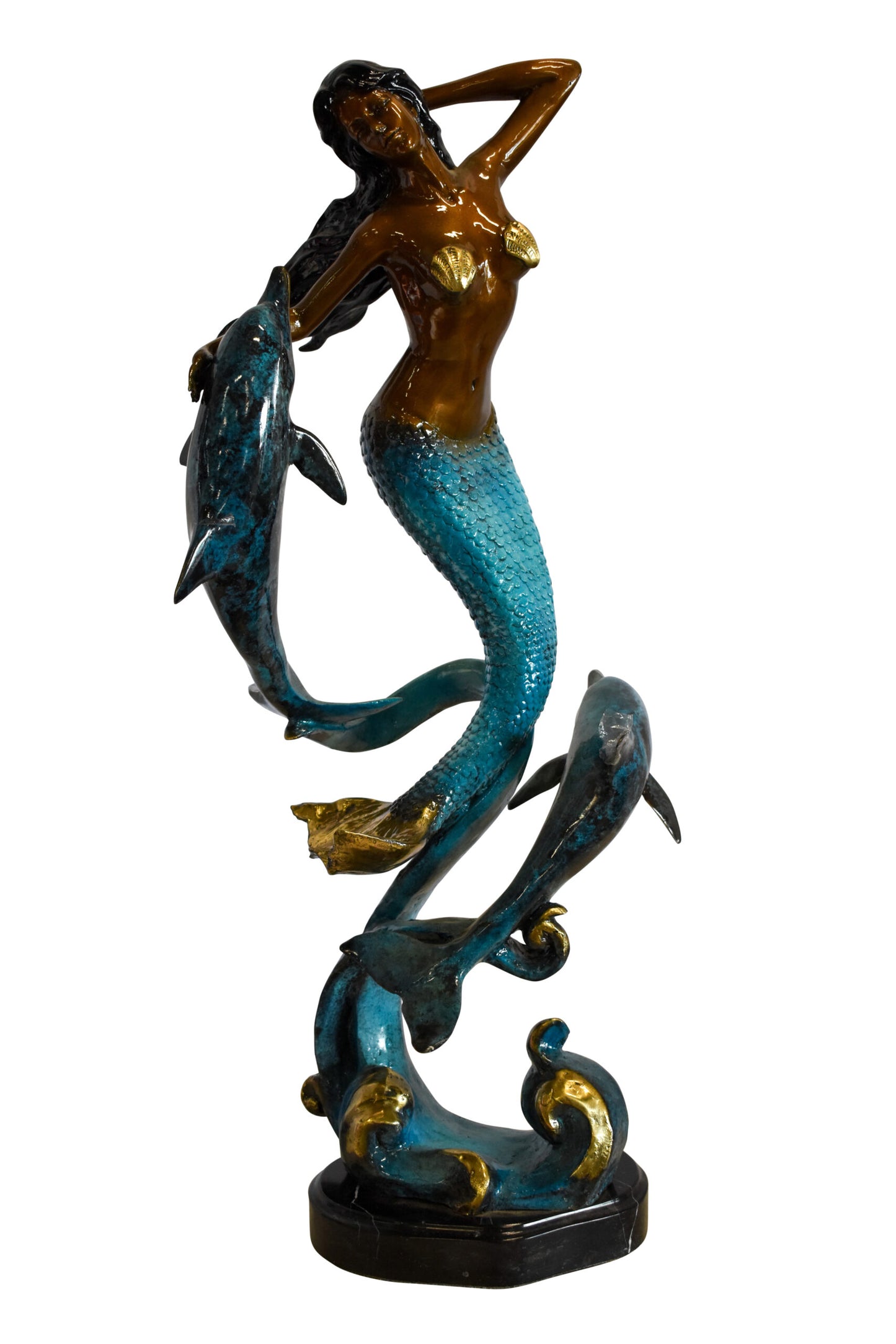 Graceful Mermaid and Two Dolphins Bronze Statue 13" x 9" x 31"H