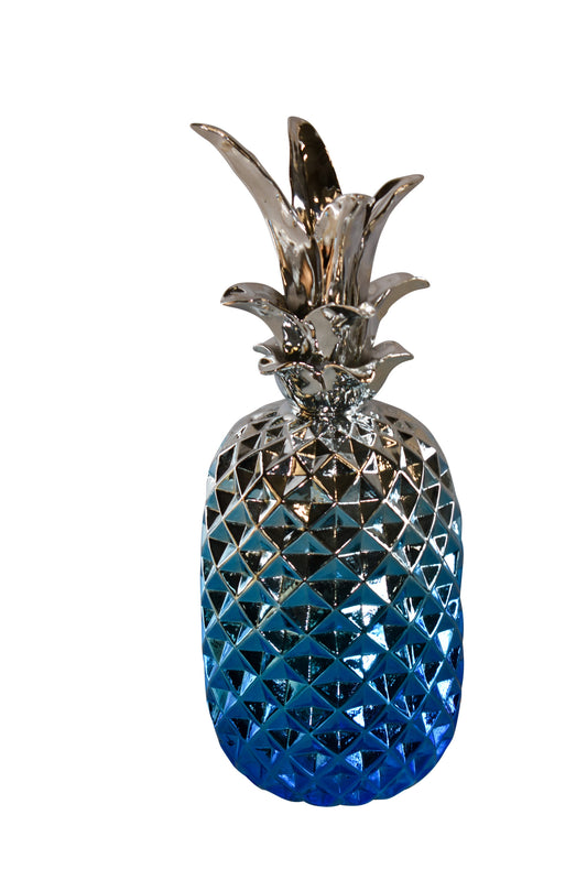 Ombre Blue Chrome Pineapple Resin Statue 6" x 6" x 15"H