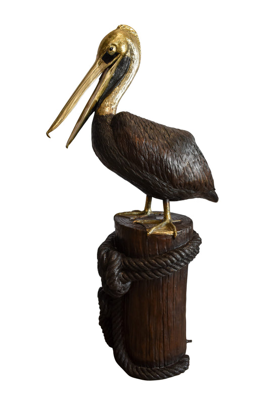 Pelican on Tree Stump Bronze Statue Fountain 43" x 24" x 76"H
