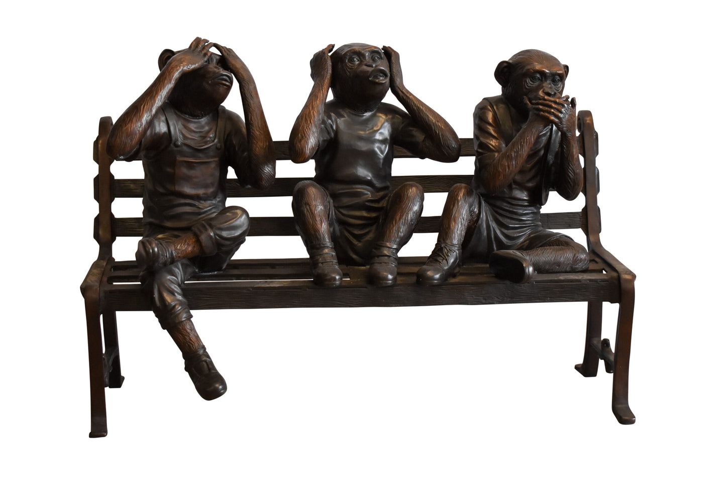Three Comedic Monkeys on a bronze Bench, Say, Hear, See no Evil 57" x 20" x 43"H