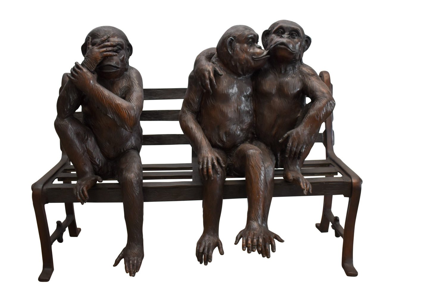 Three Emotional Monkeys on Bench Bronze Statue 57" x 20" x 43"H