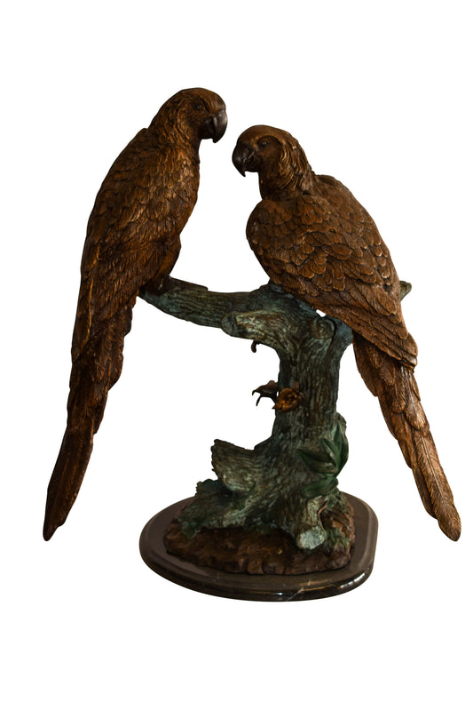 Two Parrots on a tree Bronze Statue Brown and Green Patina 13" x 20" x 23"H
