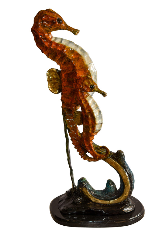 Two Sea Horses Swimming in the Ocean Colored Bronze Statue 13" x 9" x 28"H