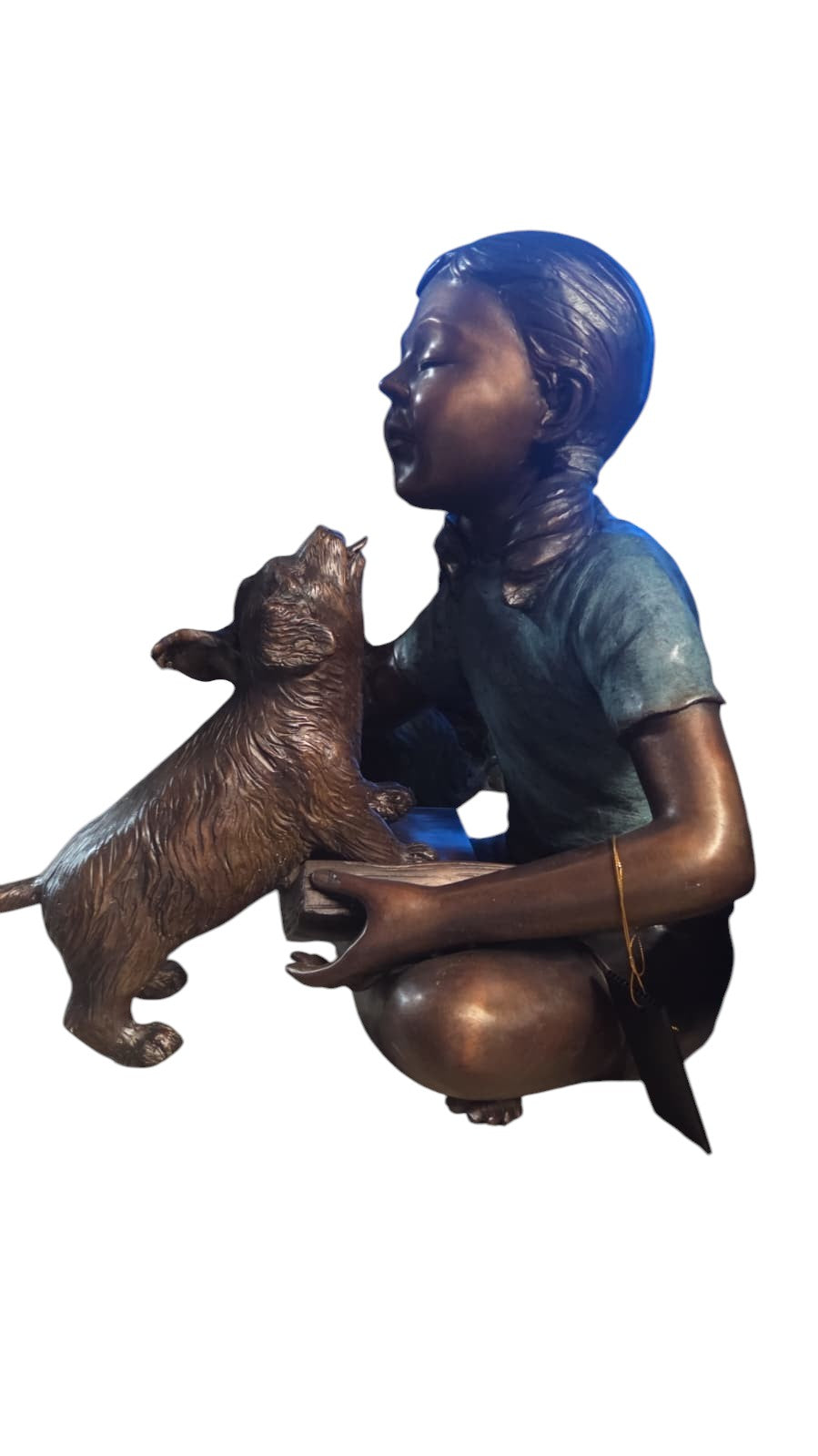 Bronze Girl Sitting With Puppy Cross Legged Garden Decor - Size: 15"L x 19"D x 19"H
