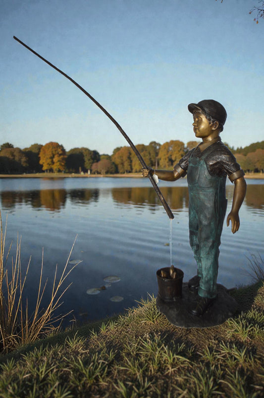 Kid Fishing Water Fountain Bronze Statue - Size: 18"L x 22"W x 49"H.