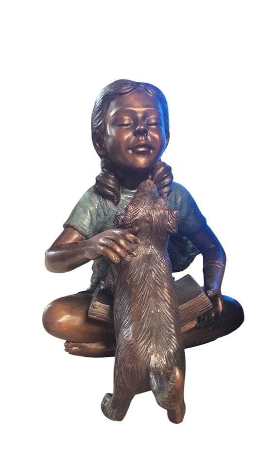 Bronze Girl Sitting With Puppy Cross Legged Garden Decor - Size: 15"L x 19"D x 19"H