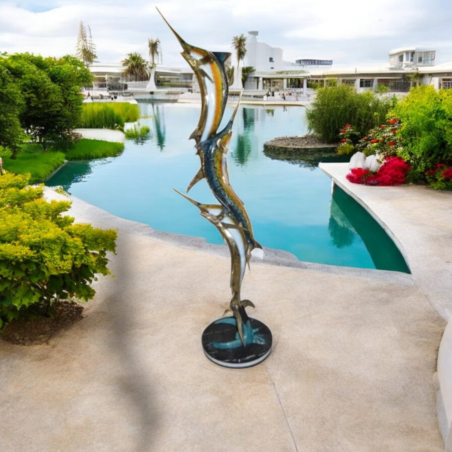 Three Marlin Fish /bronze Fountain on Triple Marble -  15"x 18"x 77"H.