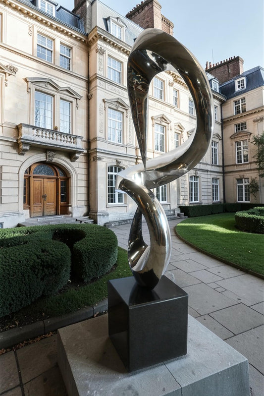Giant Abstract Double Loop Stainless Steel Sculpture Marble 30"x21"x98"H
