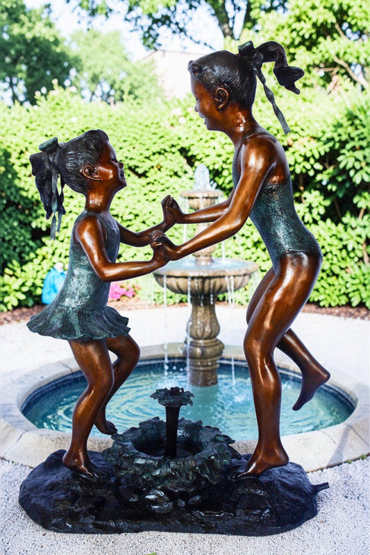 Young dancing girls circling fountain bronze statue - Size: 14" x 29" x 38"H.