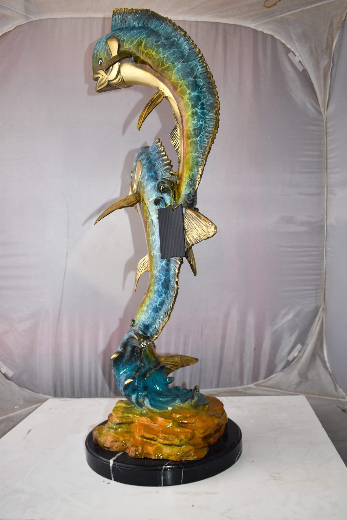 Impressive Pair of Dorado Mahi Mahi Fish Bronze Statue Size: 20" x 18" x 42"H
