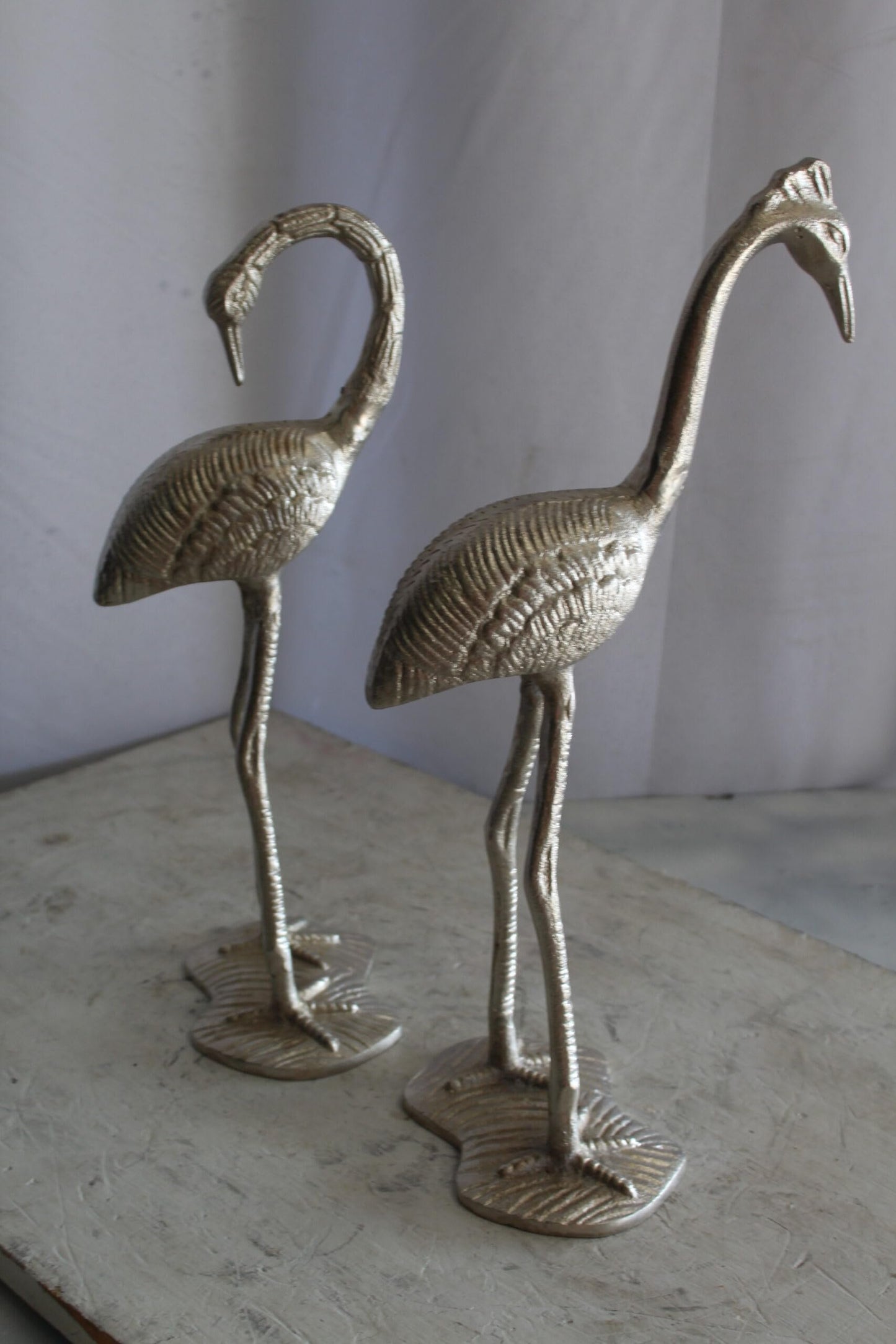 Art Deco Silver Flamingo Pair, Aluminum Decor Set 10" x 7" x 19"H