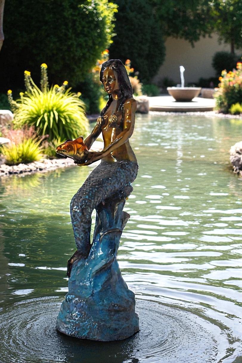 Mermaid Holding Two Fish Bronze Statue Color Finish - Size: 14" x 14" x 43"H.