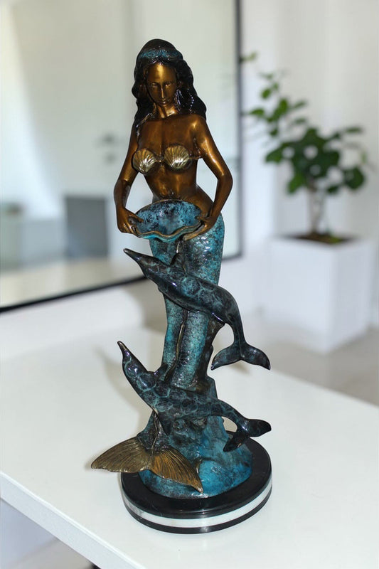 Mermaid with 2 dolphins Bronze Statue - Size: 14"L x 14"W x 28"H.