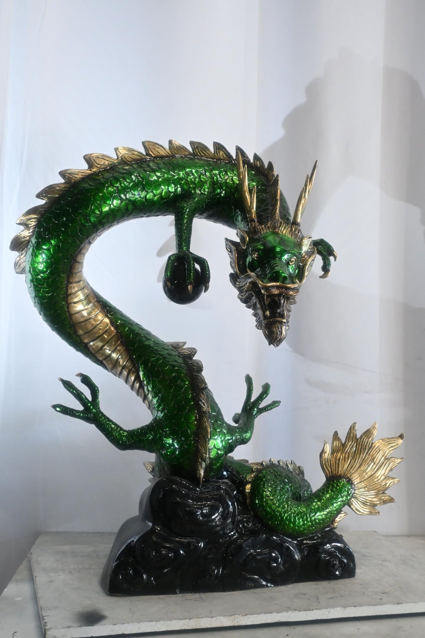 Green Bronze Dragon Fountain Statue with Pearl Sphere 30"x20"x38"H