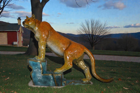 Bronze Mountain Lion Statue on Rock Ledge Large Cougar 55"x20"x40"H