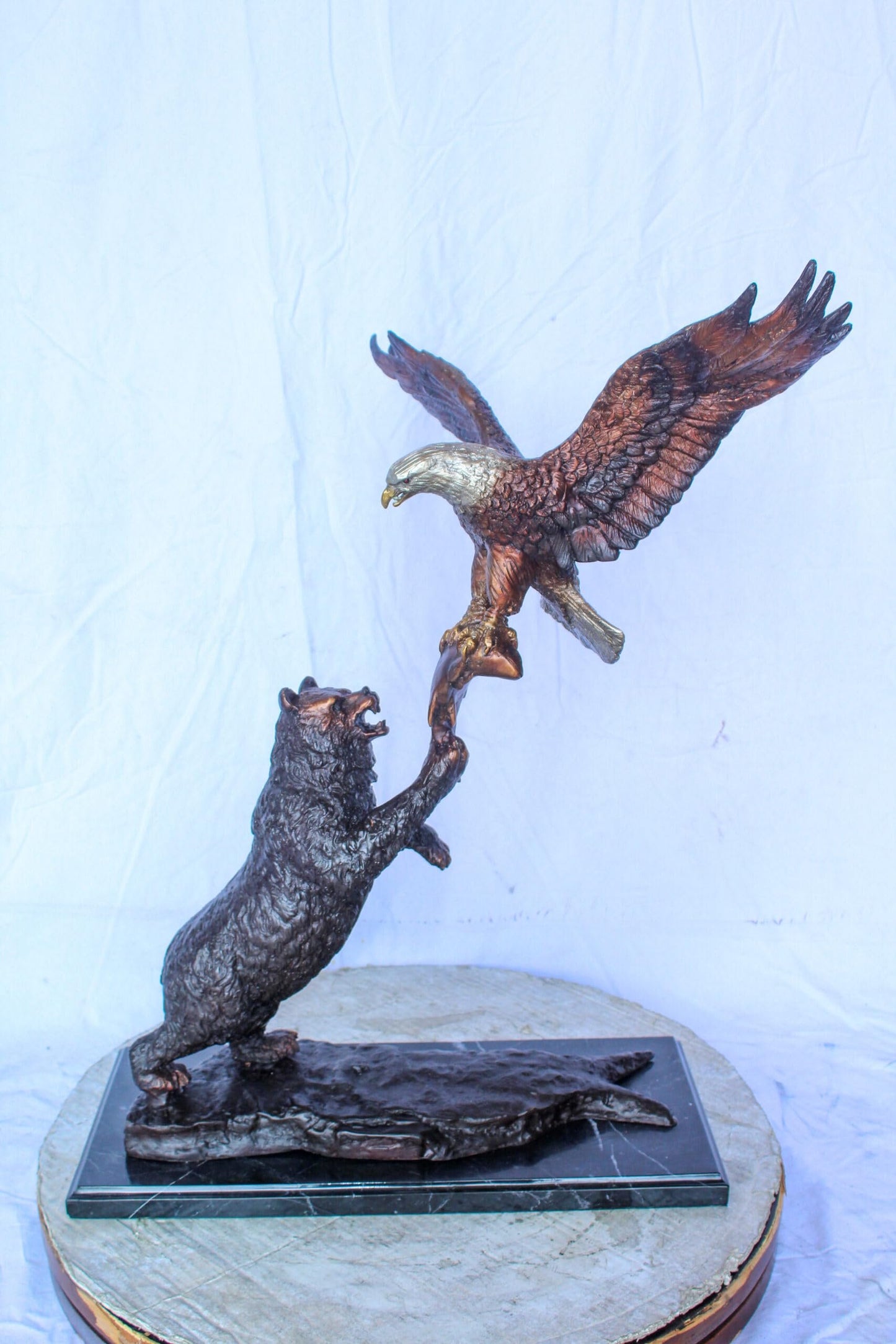 Bronze Statue of an Eagle and Bear Fighting for Fish Prey  24" x 9" x 28"H