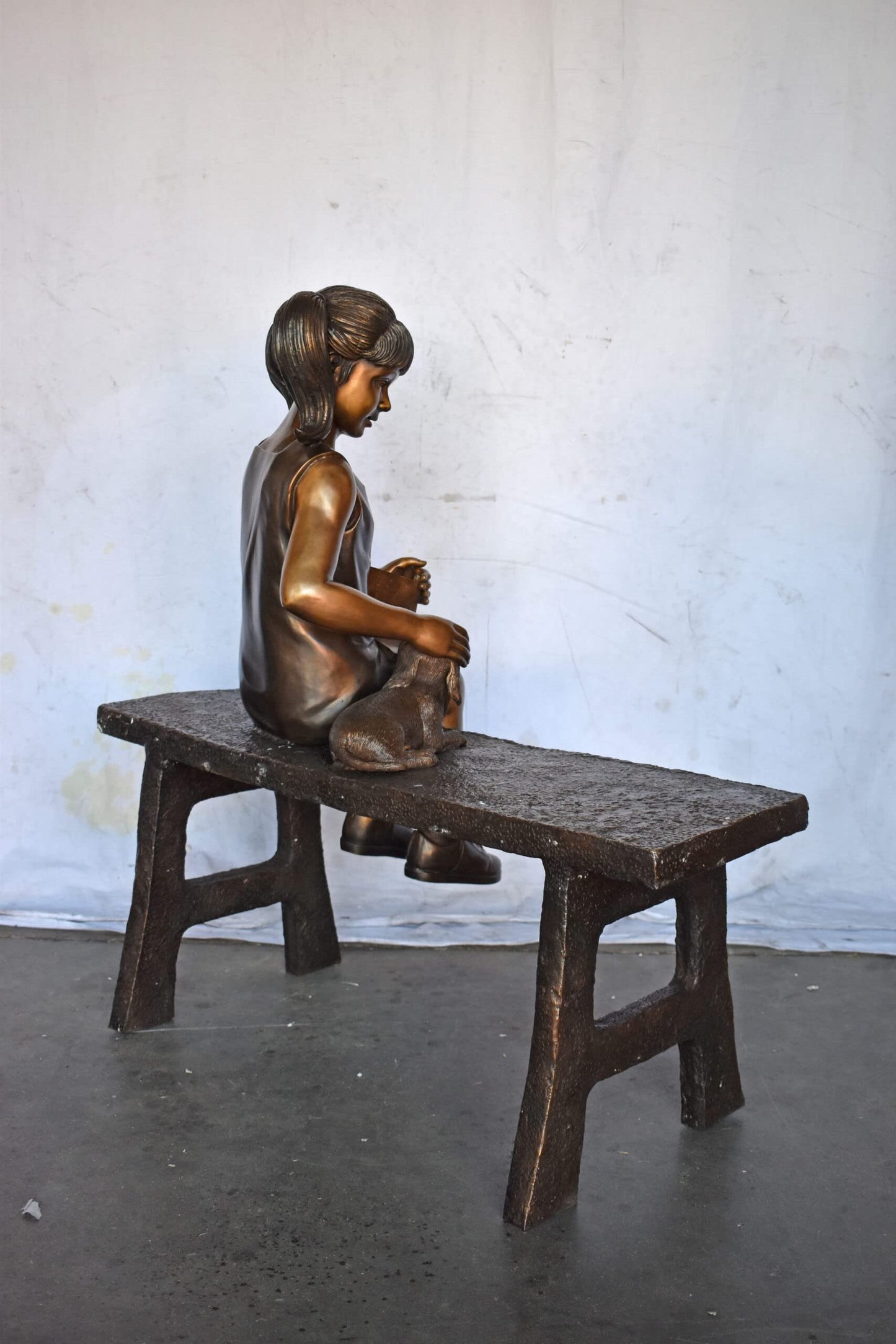 Young Girl with Her Puppy on Bench Reading Bronze Statue, Size 37" x 17" x 38"H