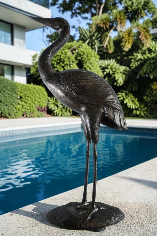 Aluminum Standing Heron Dark Bronze Patina Garden Statue 34"x24"x58"H