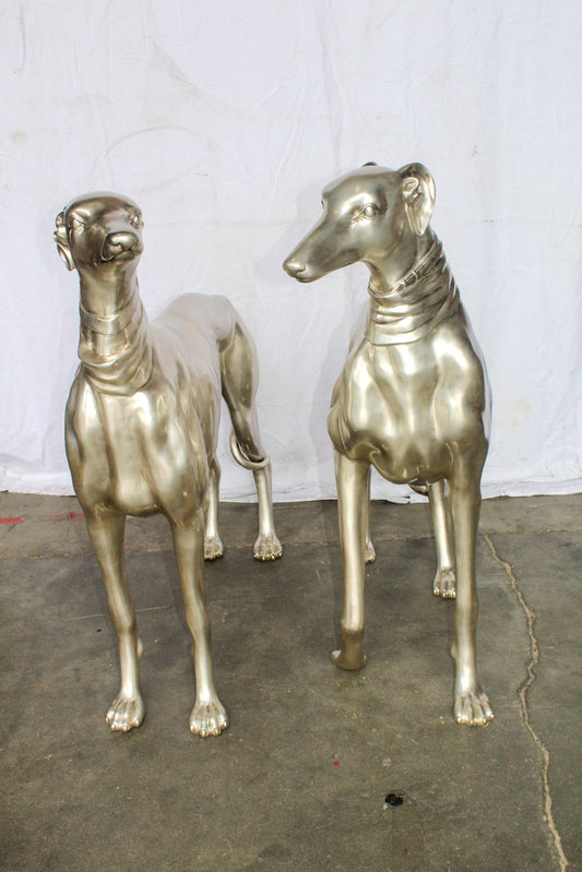 Pair of Greyhound Dogs Bronze Statues, Silver Plated Finish 48" x 12" x 40"H